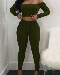  Euramerican Dew Shoulder Army Green Cotton Two-piece Pants Set