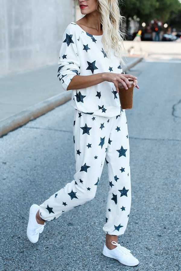  Euramerican Dew Shoulder Five-stars Printed White Cotton Two-piece Pants Set