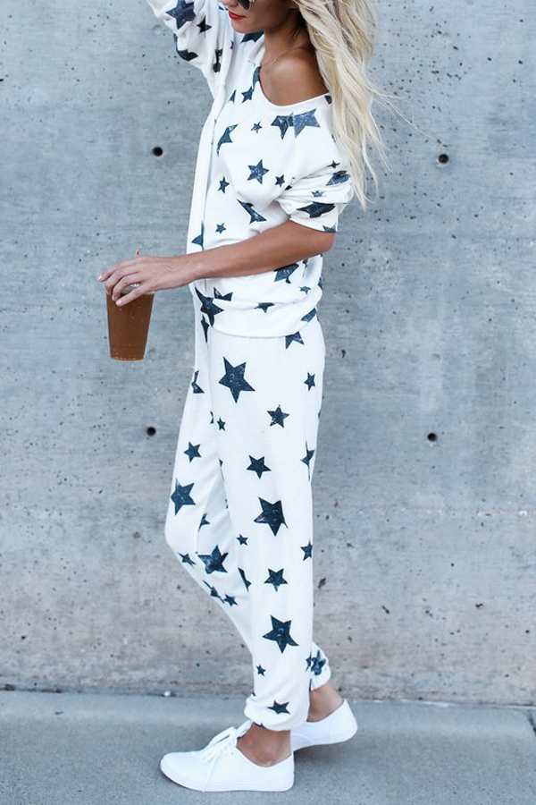  Euramerican Dew Shoulder Five-stars Printed White Cotton Two-piece Pants Set