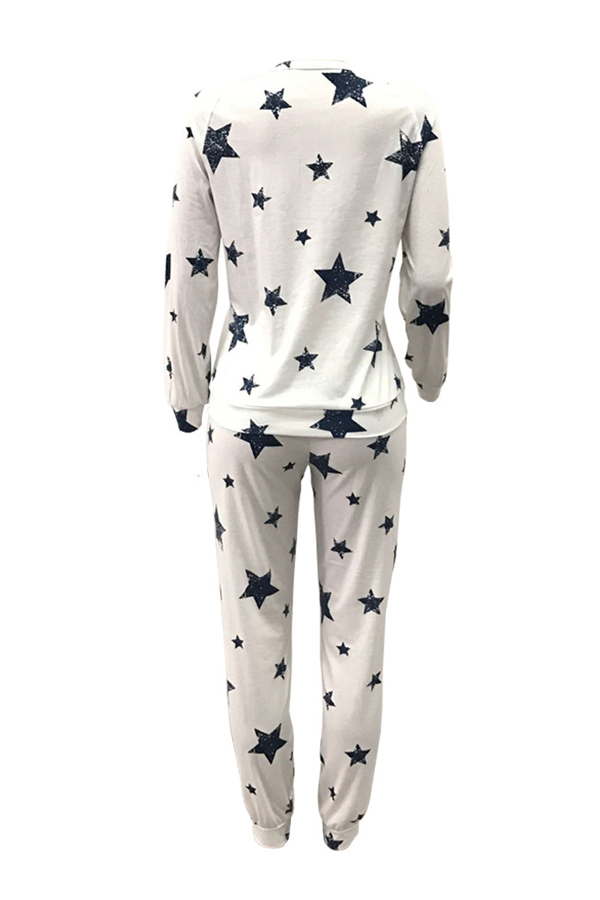  Euramerican Dew Shoulder Five-stars Printed White Cotton Two-piece Pants Set