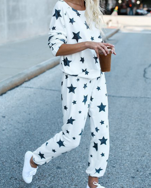 Euramerican Dew Shoulder Five-stars Printed White Cotton Two-piece Pants Set Euramerican Dew Shoulder Five-stars Printed White Cotton Two-piece Pants Set