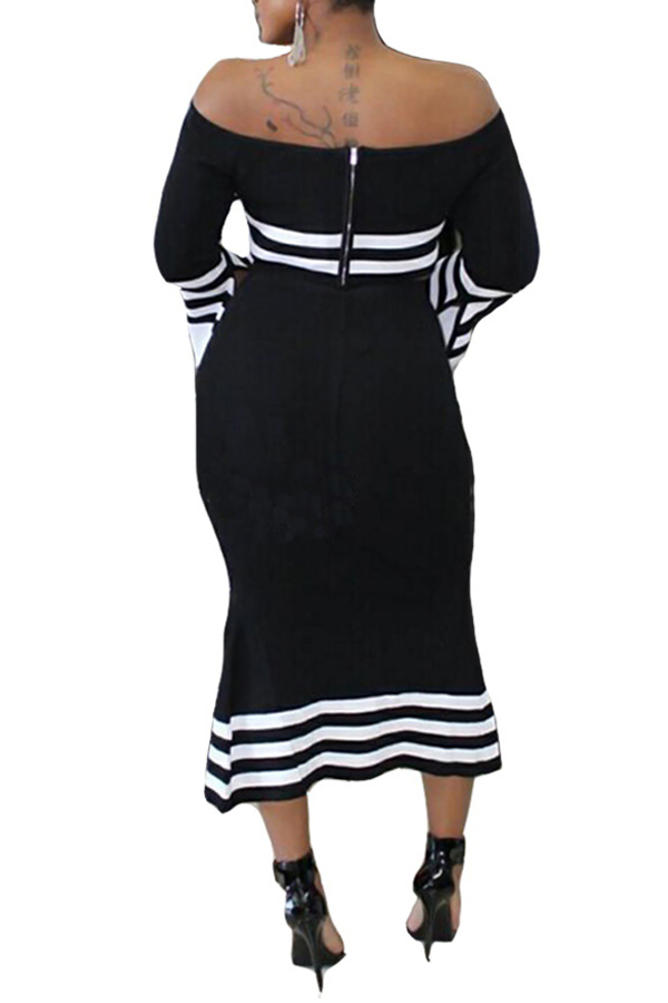  Euramerican Dew Shoulder Striped Black Polyester Two-piece Skirt Set