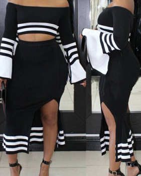  Euramerican Dew Shoulder Striped Black Polyester Two-piece Skirt Set