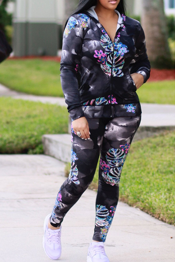 Euramerican Hooded Collar Flowers Printed Black Cotton Two-piece Pants Set