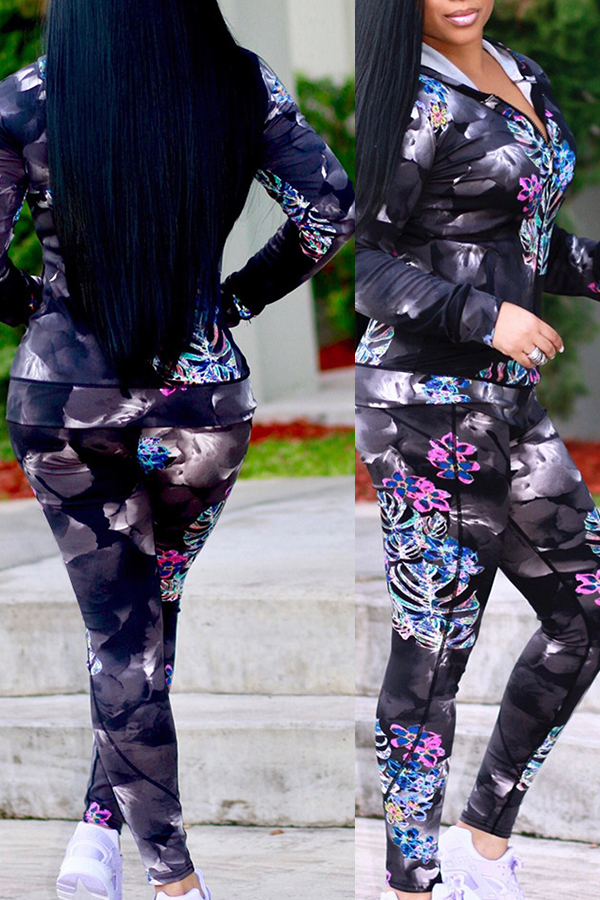  Euramerican Hooded Collar Flowers Printed Black Cotton Two-piece Pants Set