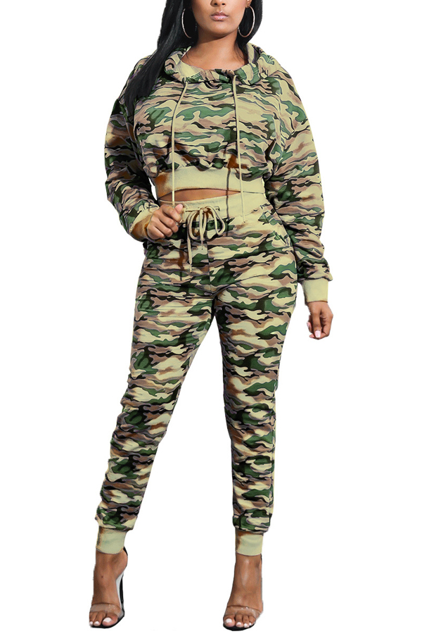  Euramerican Hooded Collar Printed Patchwork Army Green Qmilch Two-piece Pants Set