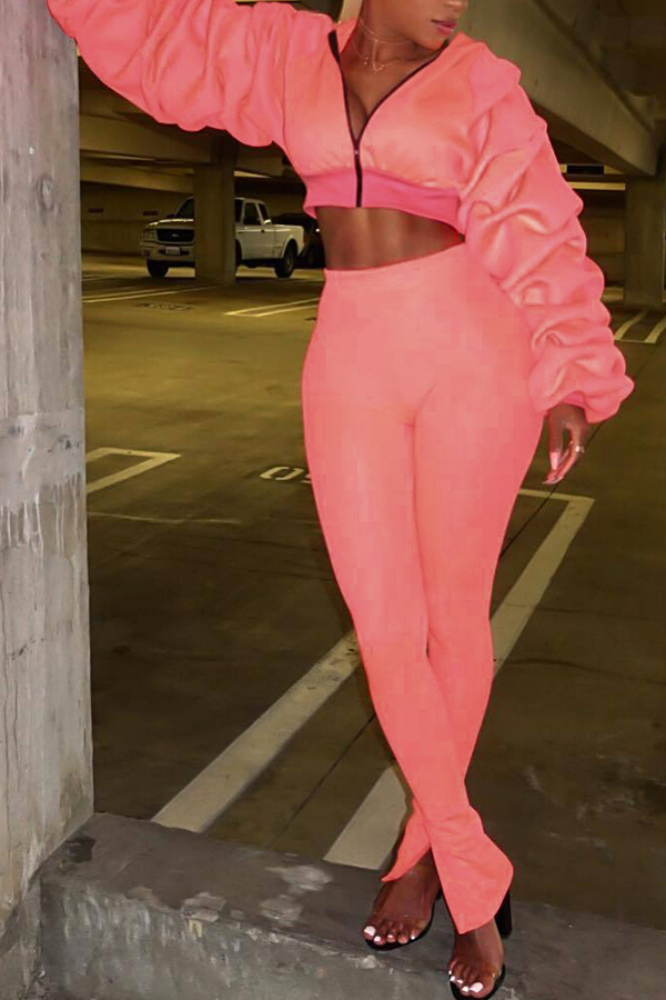  Euramerican Hooded Collar Puff Sleeves Pink Polyester Two-piece Pants Set