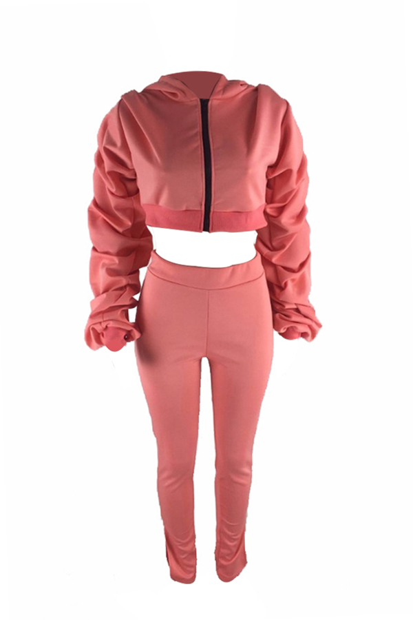  Euramerican Hooded Collar Puff Sleeves Pink Polyester Two-piece Pants Set