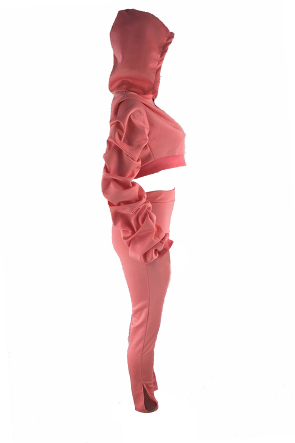  Euramerican Hooded Collar Puff Sleeves Pink Polyester Two-piece Pants Set