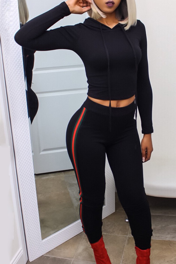  Euramerican Hooded Collar Striped Black Cotton Blends Two-piece Pants Set