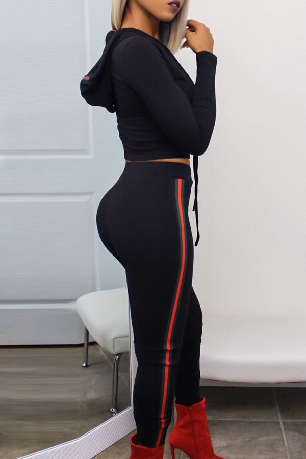  Euramerican Hooded Collar Striped Black Cotton Blends Two-piece Pants Set