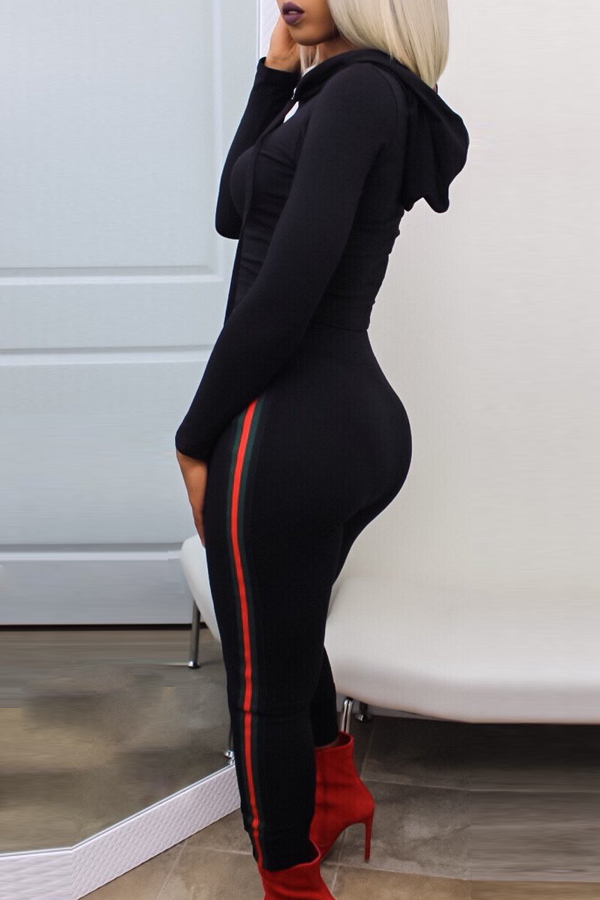  Euramerican Hooded Collar Striped Black Cotton Blends Two-piece Pants Set