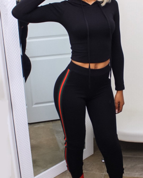  Euramerican Hooded Collar Striped Black Cotton Blends Two-piece Pants Set