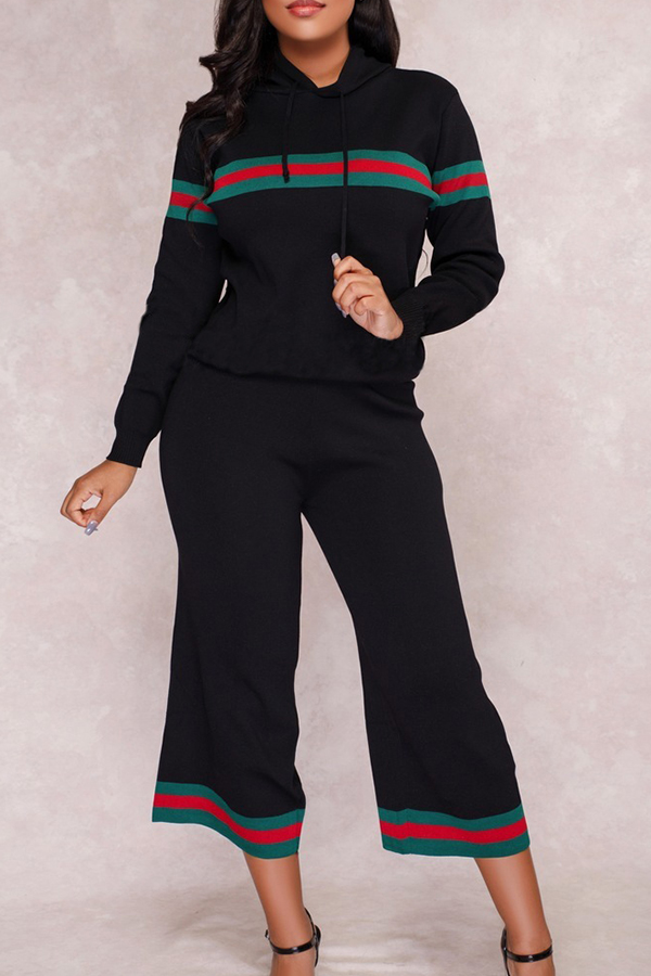  Euramerican Hooded Collar Striped Black Polyester Two-piece Pants Set