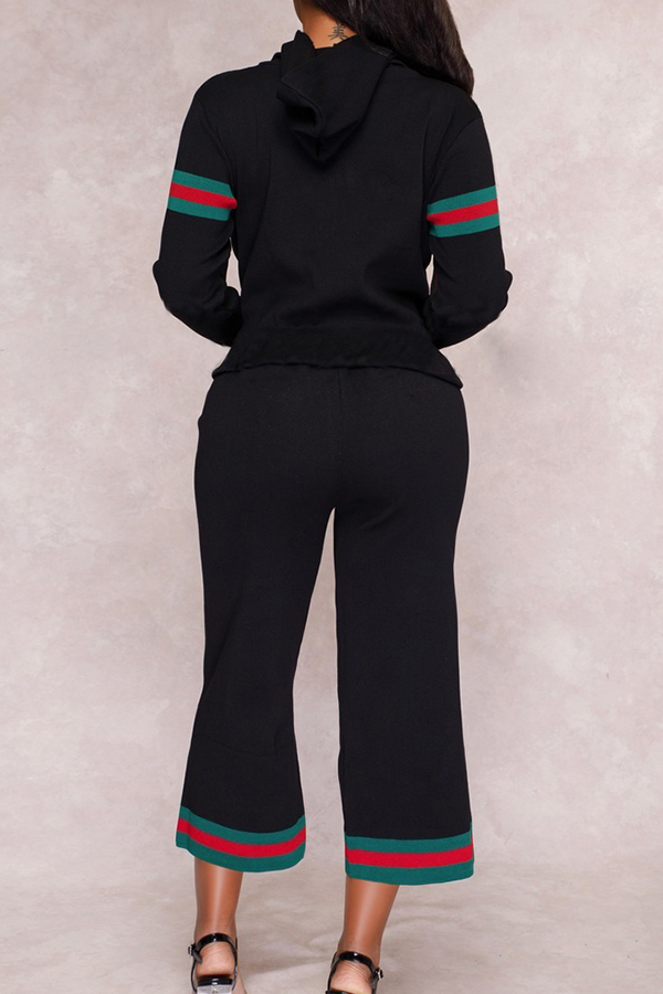  Euramerican Hooded Collar Striped Black Polyester Two-piece Pants Set