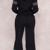 Euramerican Hooded Collar Striped Black Polyester Two-piece Pants Set Euramerican Hooded Collar Striped Black Polyester Two-piece Pants Set