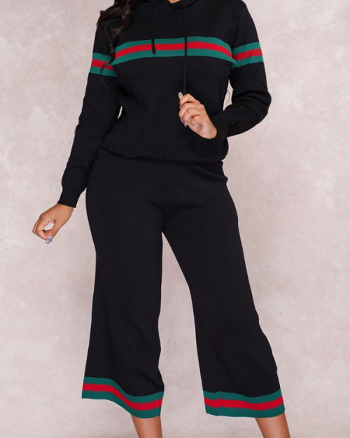 Euramerican Hooded Collar Striped Black Polyester Two-piece Pants Set Euramerican Hooded Collar Striped Black Polyester Two-piece Pants Set