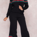 Euramerican Hooded Collar Striped Black Polyester Two-piece Pants Set Euramerican Hooded Collar Striped Black Polyester Two-piece Pants Set
