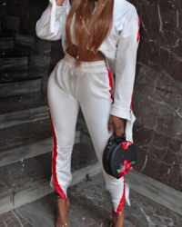  Euramerican Hooded Collar Striped White Polyester Two-piece Pants Set