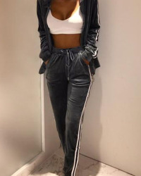  Euramerican Long Sleeves Patchwork Grey Velvet Two-piece Pants Set