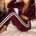 Euramerican Long Sleeves Patchwork Wine Red Velvet Two-piece Pants Set Euramerican Long Sleeves Patchwork Wine Red Velvet Two-piece Pants Set