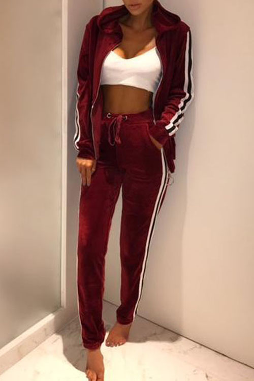 Euramerican Long Sleeves Patchwork Wine Red Velvet Two-piece Pants Set
