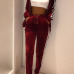 Euramerican Long Sleeves Patchwork Wine Red Velvet Two-piece Pants Set Euramerican Long Sleeves Patchwork Wine Red Velvet Two-piece Pants Set