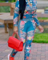  Euramerican Mandarin Collar Printed Blue Polyester Two-piece Pants Set