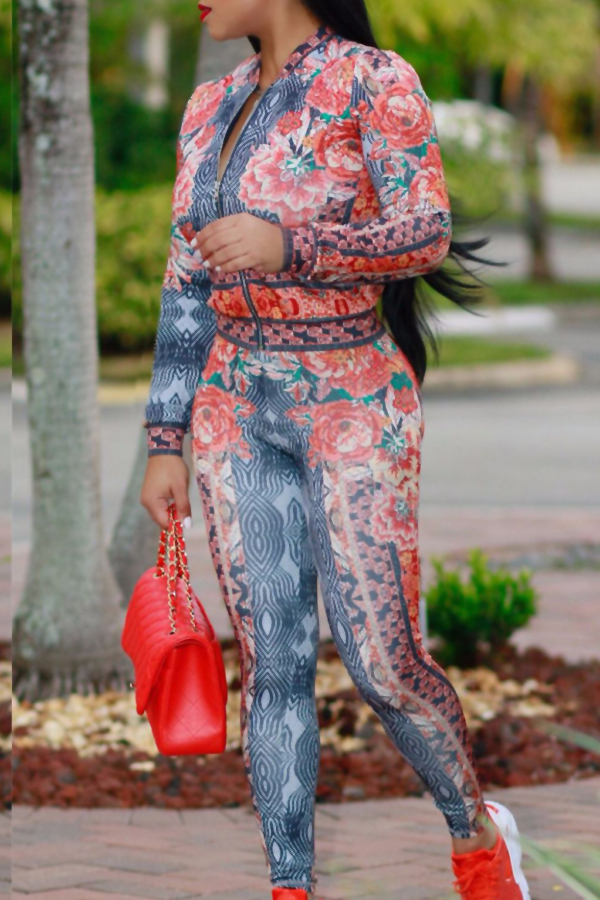  Euramerican Mandarin Collar Printed Red Polyester Two-piece Pants Set