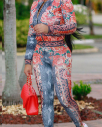  Euramerican Mandarin Collar Printed Red Polyester Two-piece Pants Set