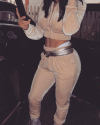  Euramerican Mandarin Collar Zipper Design Apricot Cotton Two-piece Pants Set( Without Belt)