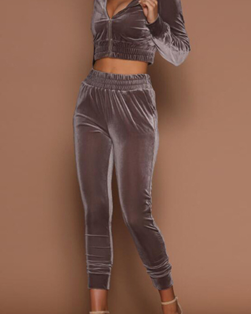 Euramerican Mandarin Collar Zipper Design Grey Cotton Two-piece Pants Set Euramerican Mandarin Collar Zipper Design Grey Cotton Two-piece Pants Set