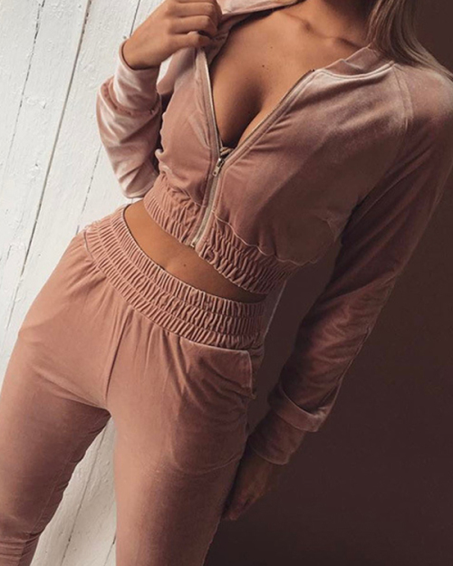 Euramerican Mandarin Collar Zipper Design Pink Cotton Two-piece Pants Set Euramerican Mandarin Collar Zipper Design Pink Cotton Two-piece Pants Set