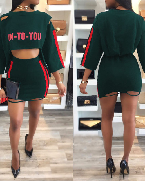 Euramerican Printed Hollow-out Green Cotton Blends Two-piece Skirt Set Euramerican Printed Hollow-out Green Cotton Blends Two-piece Skirt Set