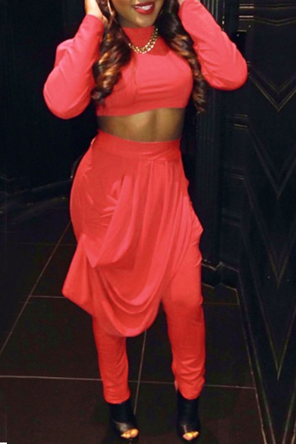  Euramerican Round Neck Asymmetrical Red Milk Fiber Two-piece Pants Set