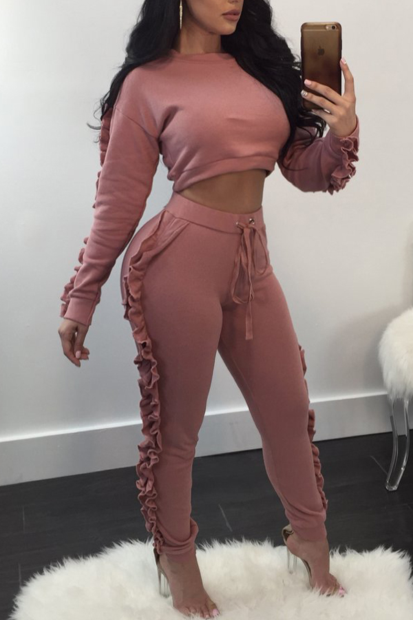  Euramerican Round Neck Falbala Design Pink Polyester Two-piece Pants Set