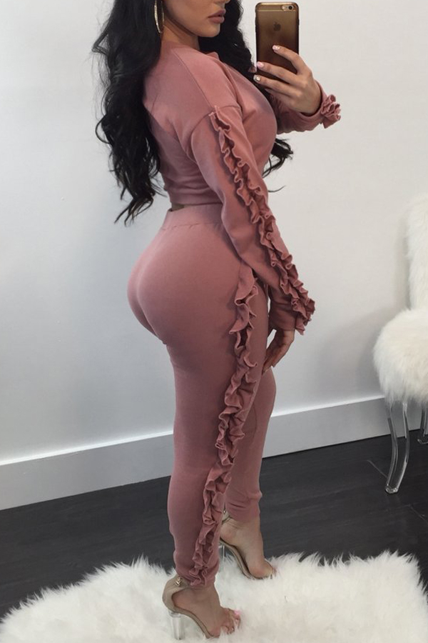  Euramerican Round Neck Falbala Design Pink Polyester Two-piece Pants Set