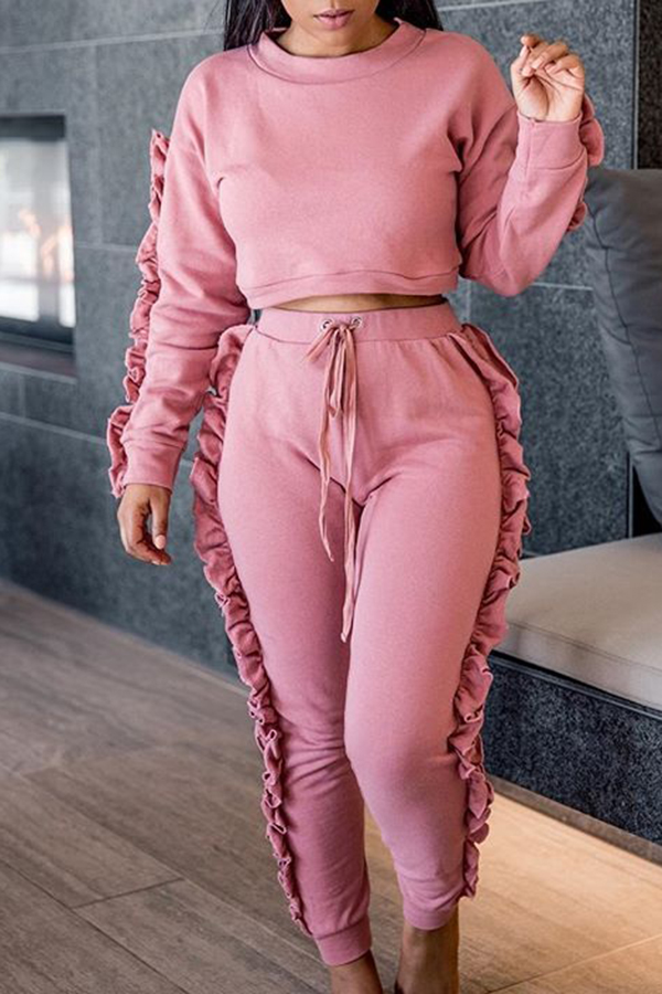  Euramerican Round Neck Falbala Design Pink Polyester Two-piece Pants Set