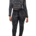  Euramerican Round Neck Long Sleeves Black Polyester Two-piece Pants Set