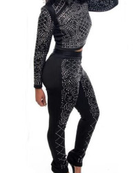  Euramerican Round Neck Long Sleeves Black Polyester Two-piece Pants Set