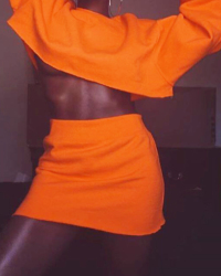  Euramerican Round Neck Long Sleeves Orange Cotton Two-piece Skirt Set