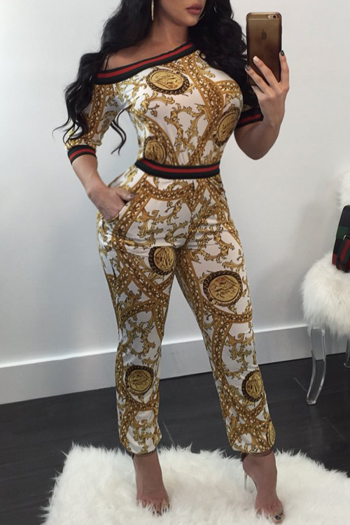  Euramerican Round Neck Printed Patchwork White Polyester Two-piece Pants Set