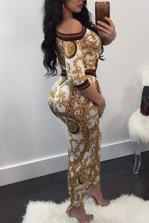  Euramerican Round Neck Printed Patchwork White Polyester Two-piece Pants Set