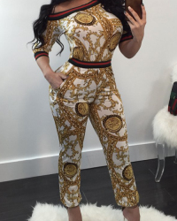  Euramerican Round Neck Printed Patchwork White Polyester Two-piece Pants Set