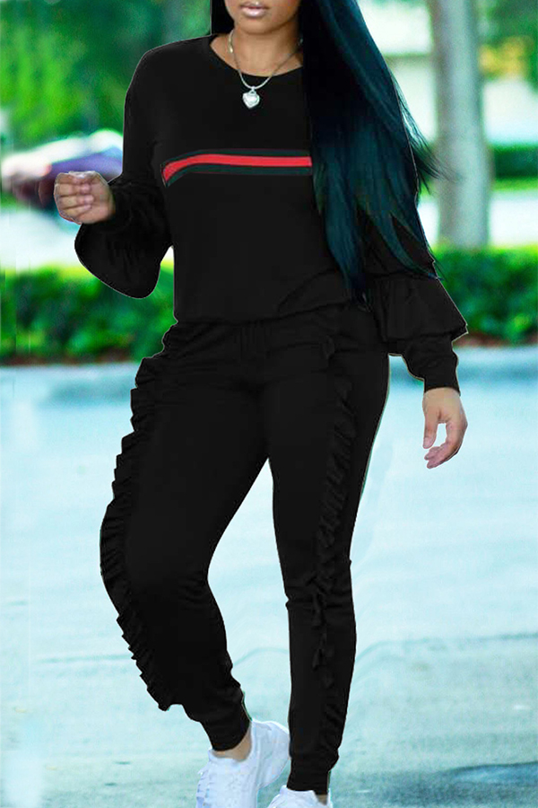  Euramerican Round Neck Ruffle Design Black Blending Two-Piece Pants Set