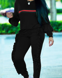  Euramerican Round Neck Ruffle Design Black Blending Two-Piece Pants Set