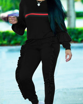  Euramerican Round Neck Ruffle Design Black Blending Two-Piece Pants Set