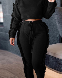  Euramerican Round Neck Ruffle Design Black Polyester Two-piece Pants Set