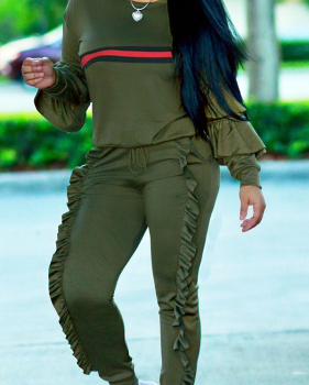  Euramerican Round Neck Ruffle Design Green Blending Two-Piece Pants Set