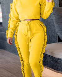  Euramerican Round Neck Ruffle Design Yellow Polyester Two-piece Pants Set